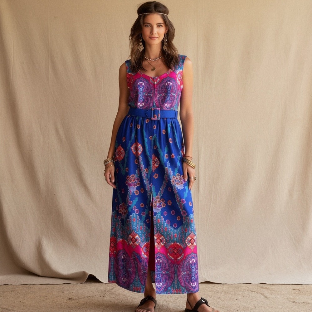 Krist Vintage Maxi Dress Blue Pink Paisley Floral Psychedelic Front Zip Boho